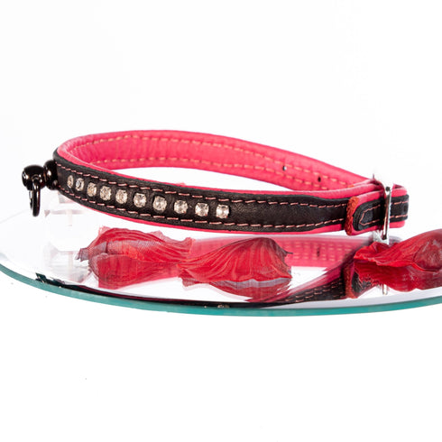 SiaLinda: Halsband echtes Elch Leder mit kl. O-Ring und Strass, schwarz / pink 14 mm breit - SiaLinda.com